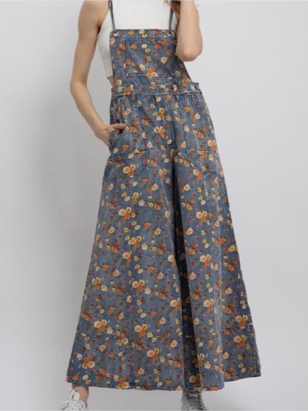 Floral Denim Wide-Leg Jumpsuit Romper - Blue Floral